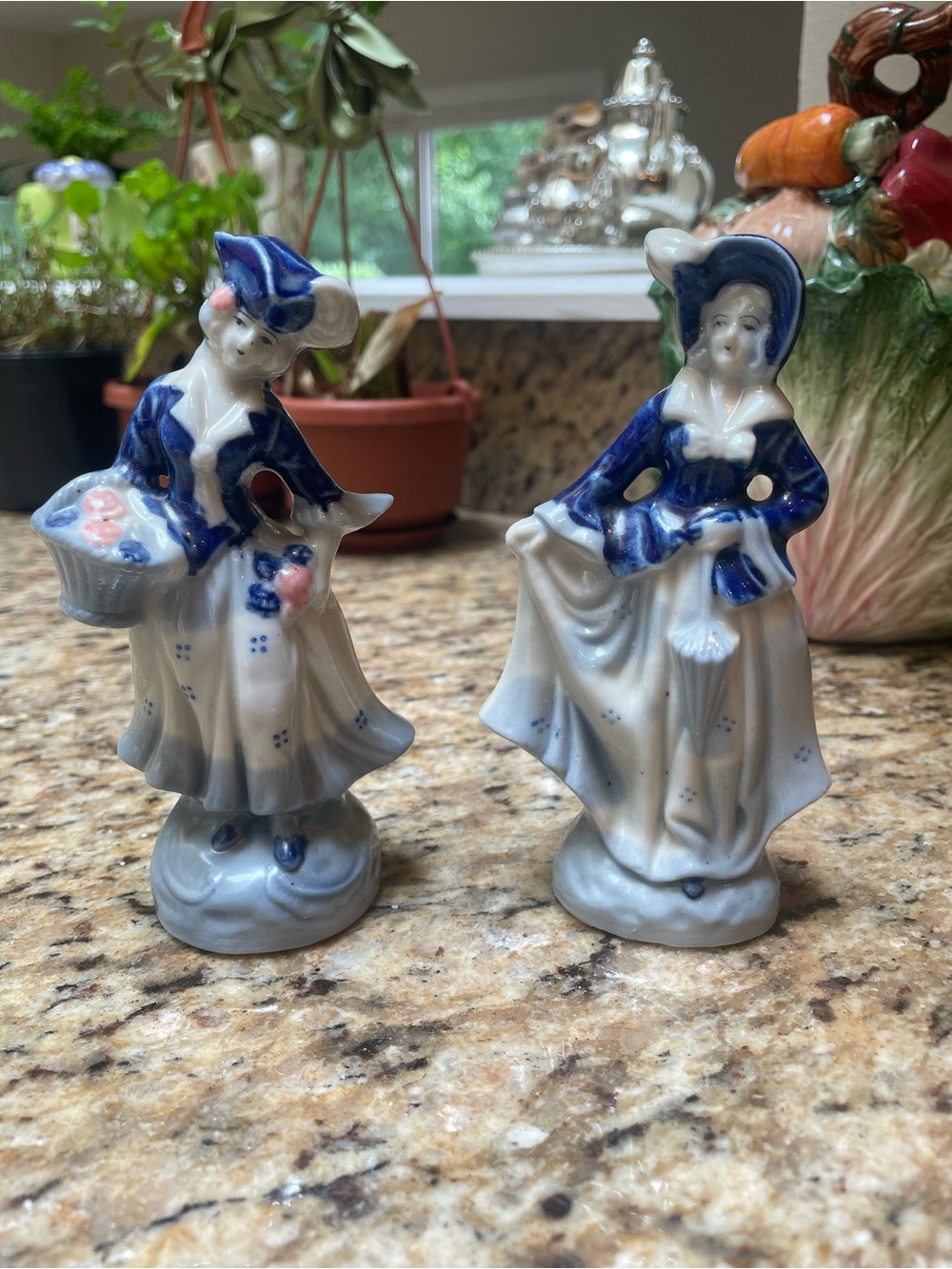 Blue and White Porcelain Victorian Lady Figurines (Pair)